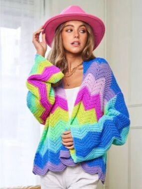 Davi & Dani Rainbow Chevron Crochet Cardigan 2XL Oversized Boho Bell Sleeve